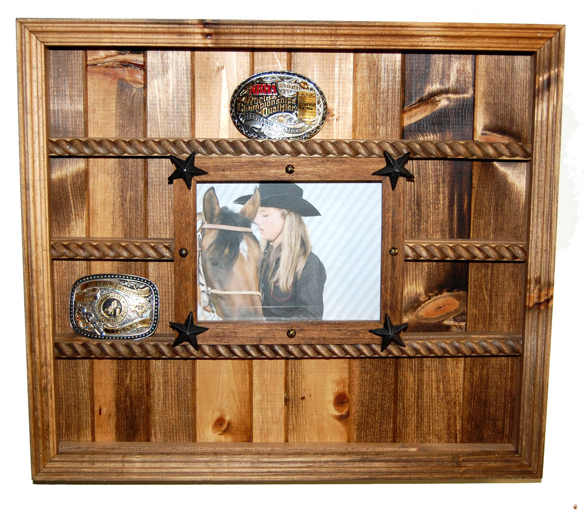 14 Buckle Display with 8x10 Picture Frame - Many Backgrounds Available - Turquoise Faux Leather image