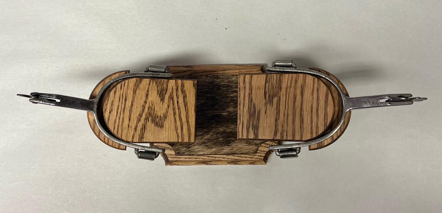 Trophy Spur Display - Solid Oak with Cowhide Accent