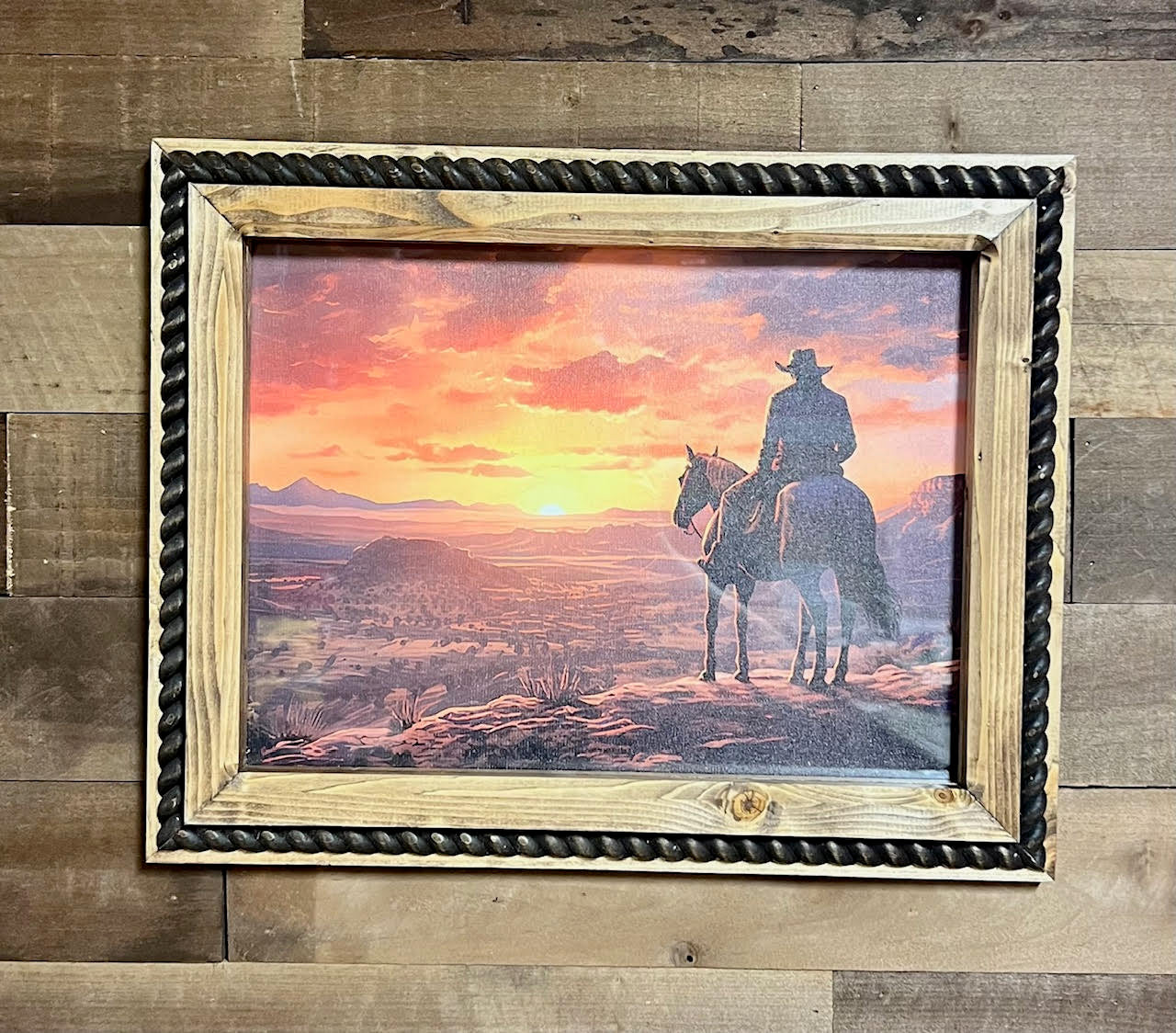 12" x 16" Cowboy Sunrise Canvas Print in Handcrafted Rustic Frame image 0