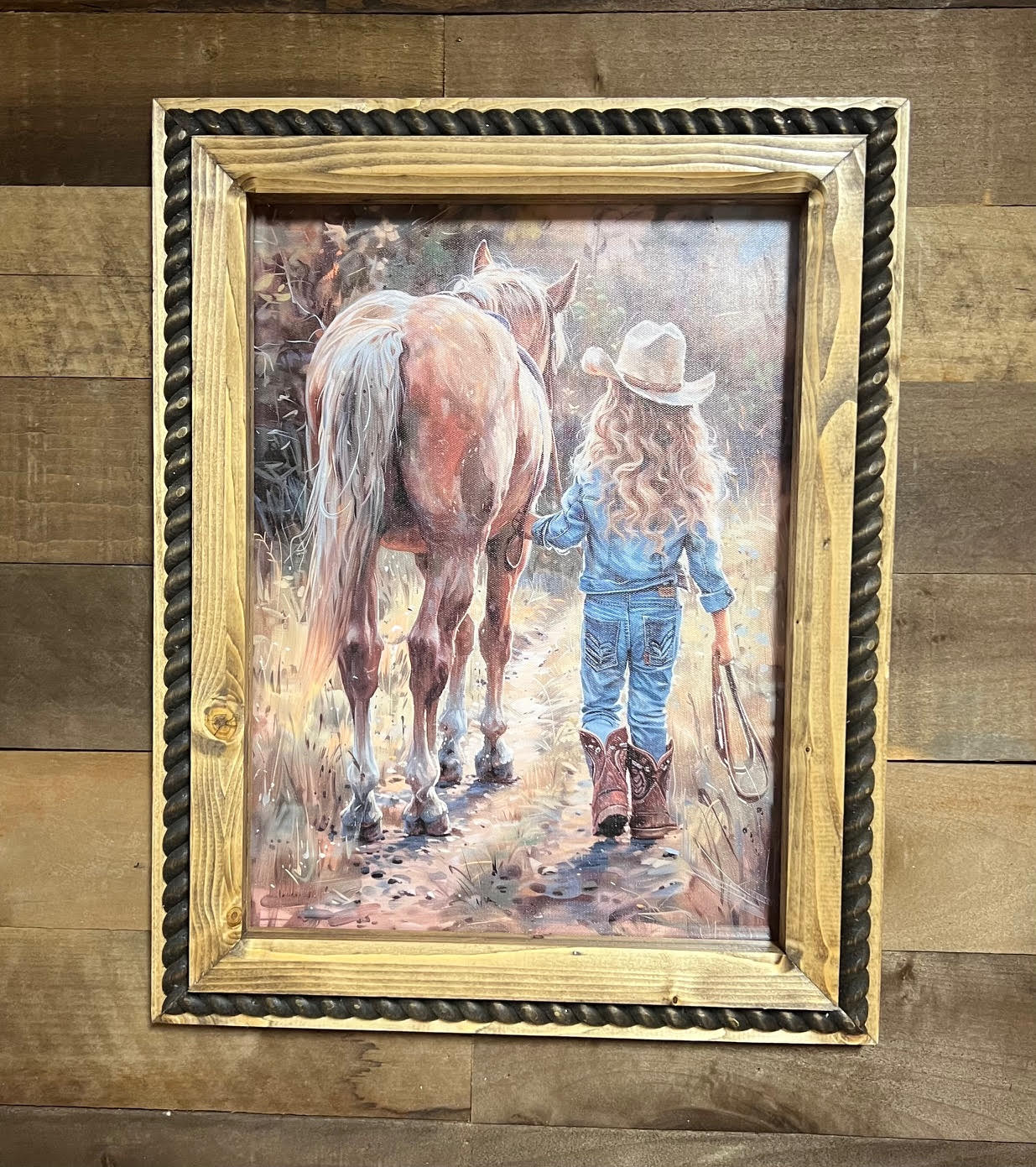 12" x 16" Little Girl in Jeans Canvas Print in Handcrafted Rustic Frame image 0