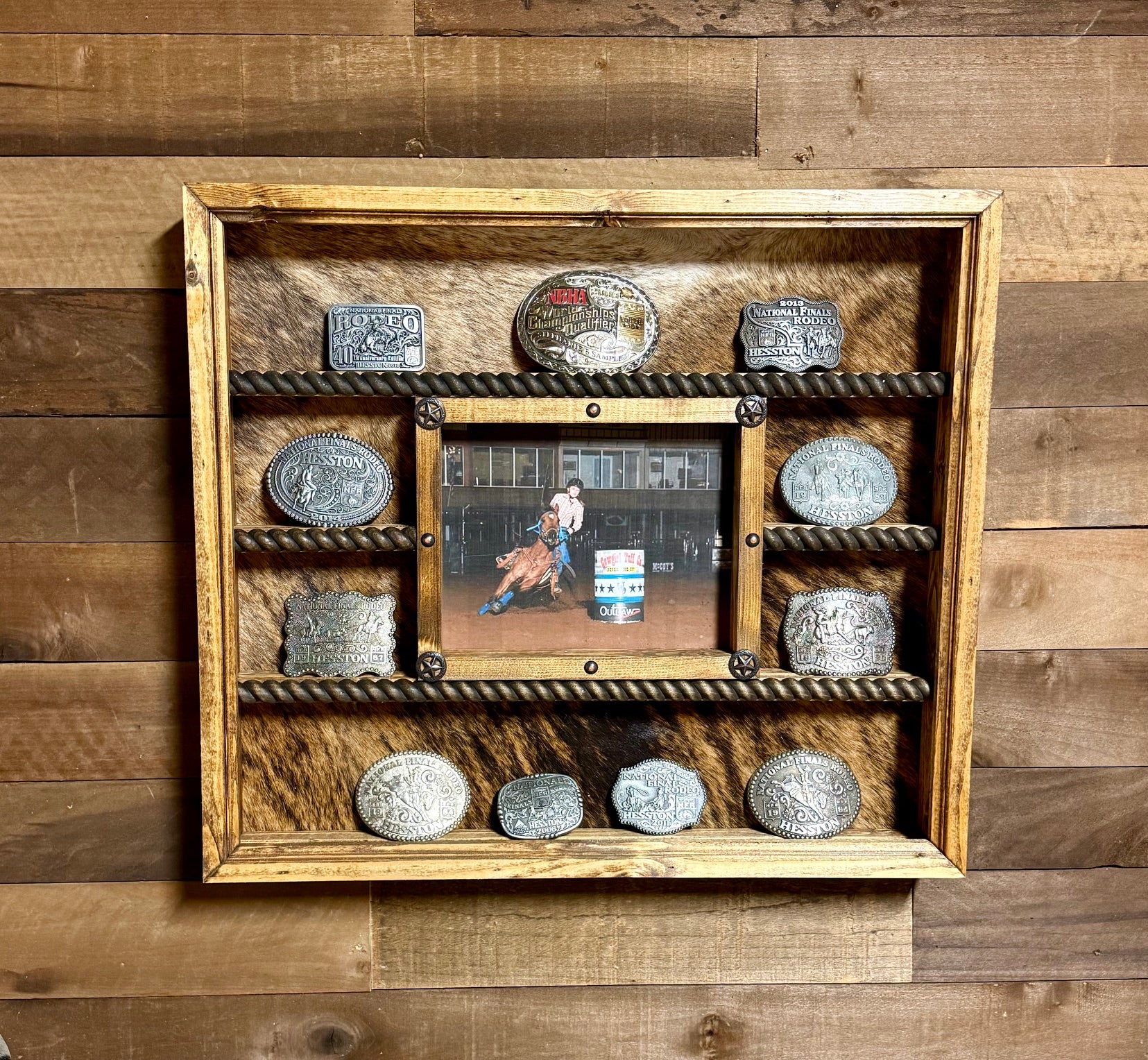 14 Buckle Display with 8x10 Picture Frame - Cowhide Backing