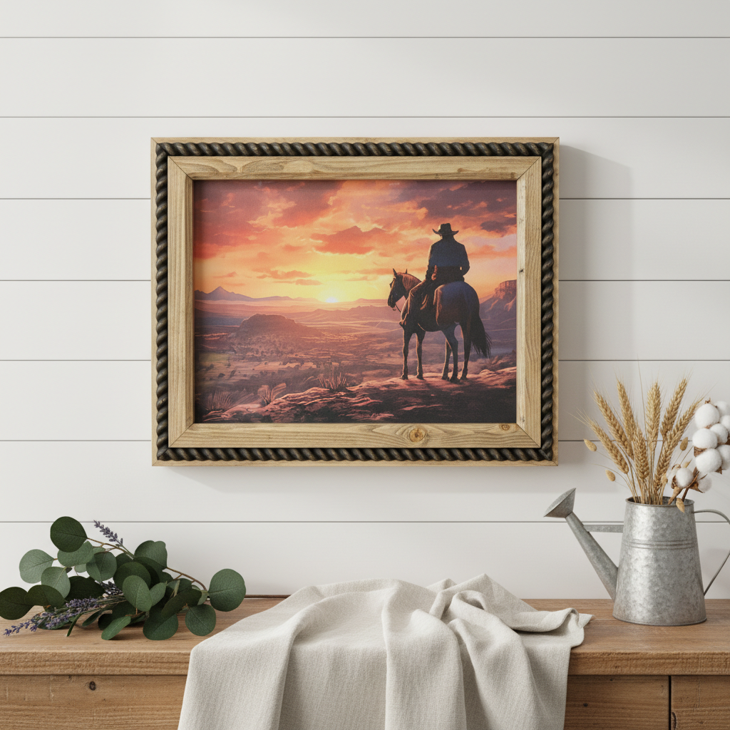 12" x 16" Cowboy Sunrise Canvas Print in Handcrafted Rustic Frame