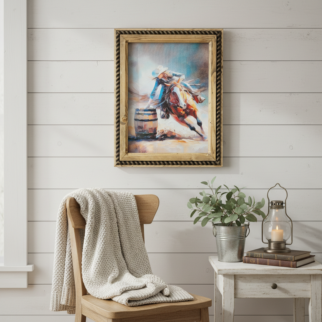 12" x 16" Barrel Racer Canvas Print in Handcrafted Rustic Frame