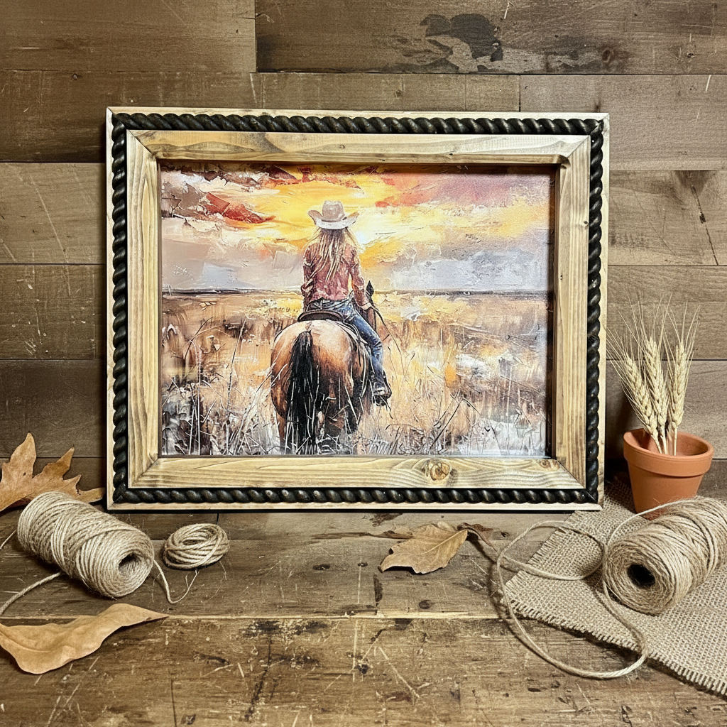 Handmade Western Cowgirl Painting on Canvas 12x16 Framed Equestrian Wall Decor Rustic Southwest Art Gift for Horse Owners and Ranch Homes