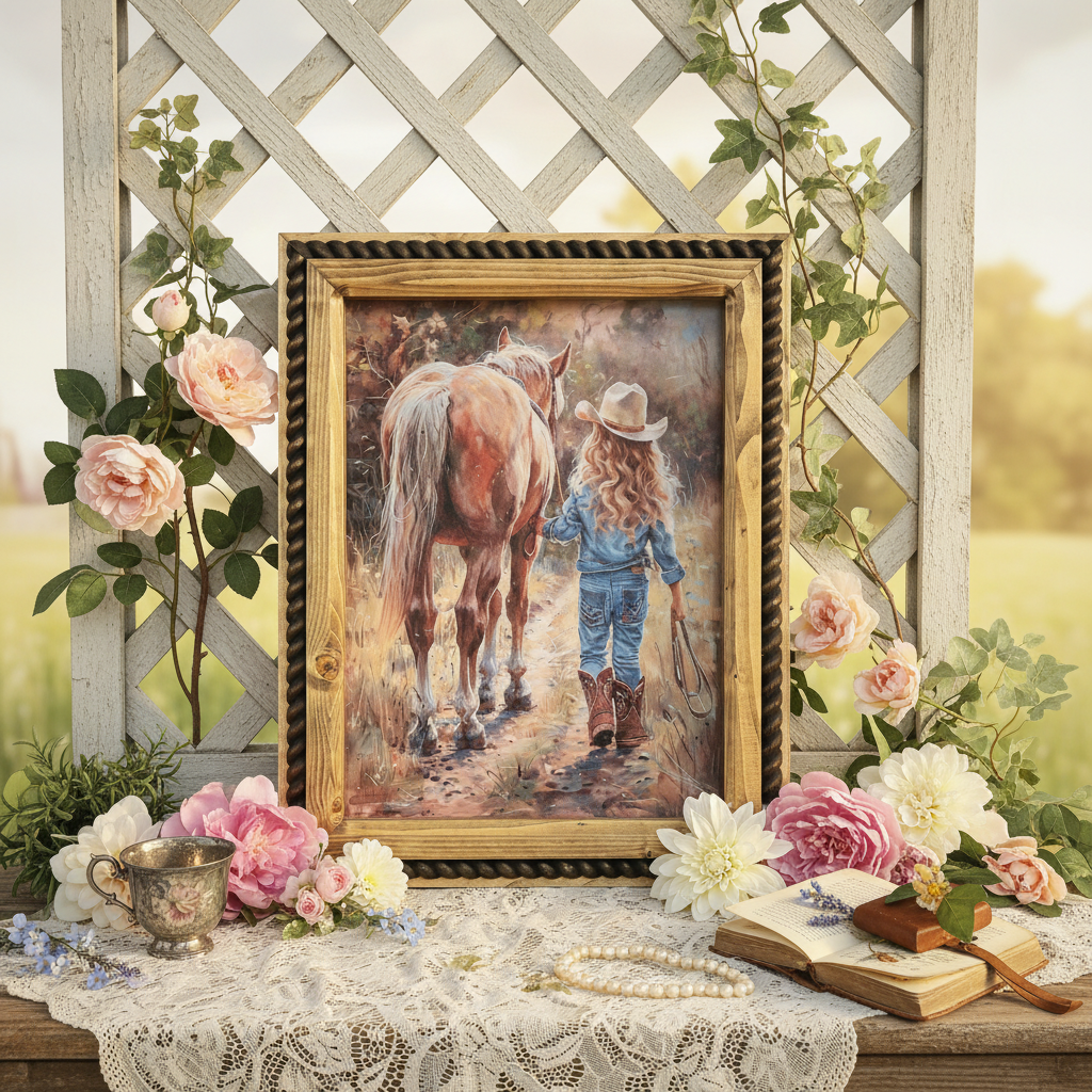 12" x 16" Little Girl in Jeans Canvas Print in Handcrafted Rustic Frame