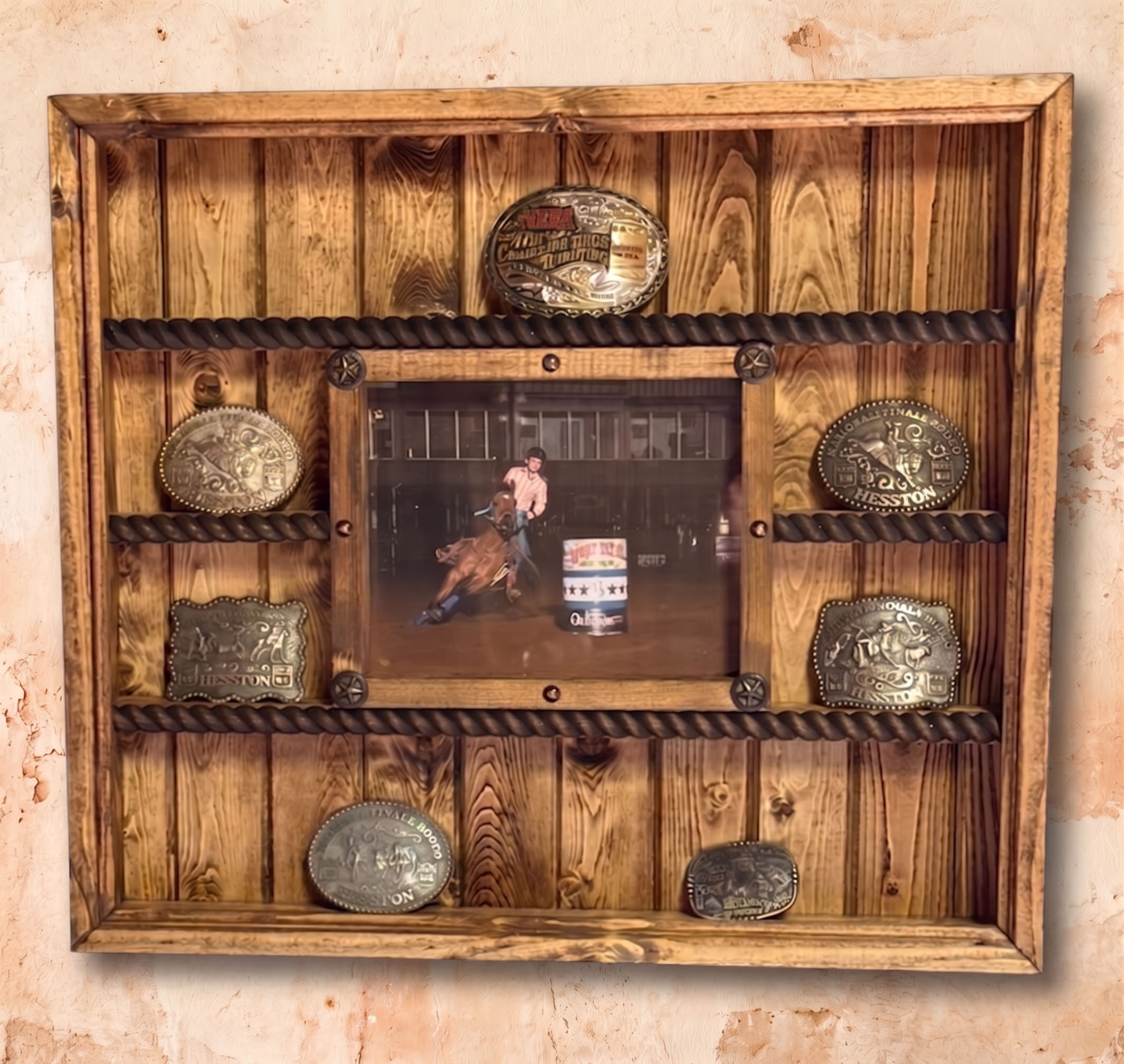 14 Buckle Display with 8x10 Picture Frame - Black Faux Leather