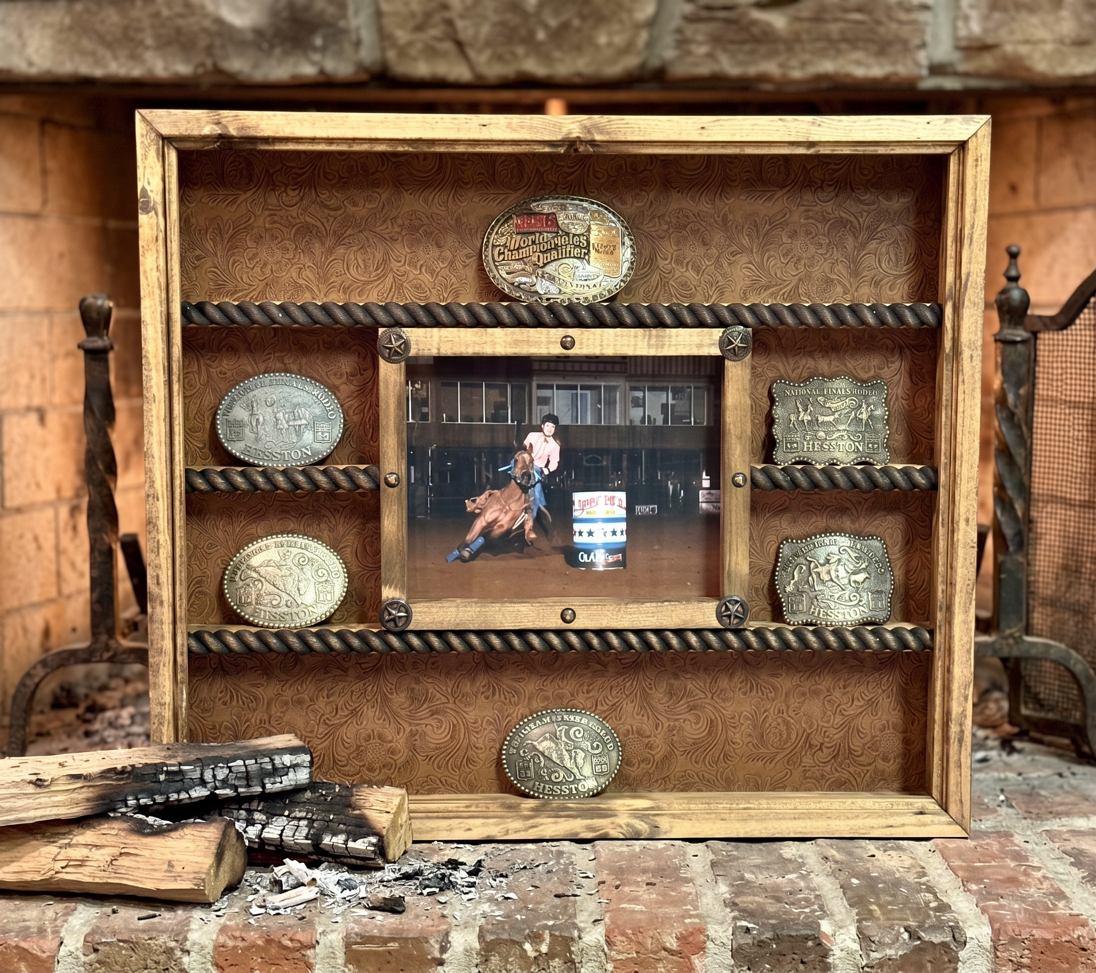 14 Buckle Display with 8x10 Picture Frame - Black Faux Leather