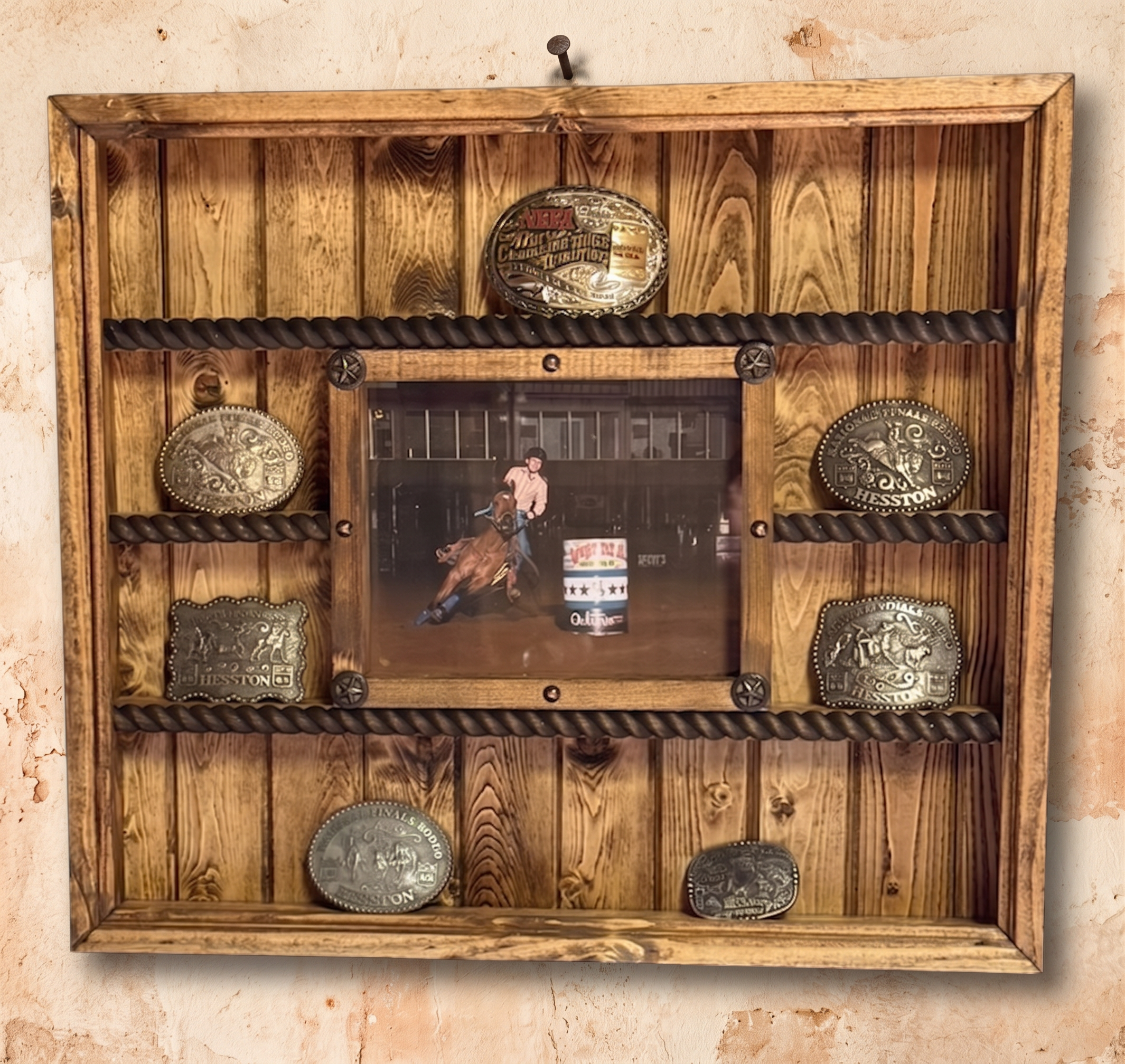 14 Buckle Display with 8x10 Picture Frame - Black Faux Leather