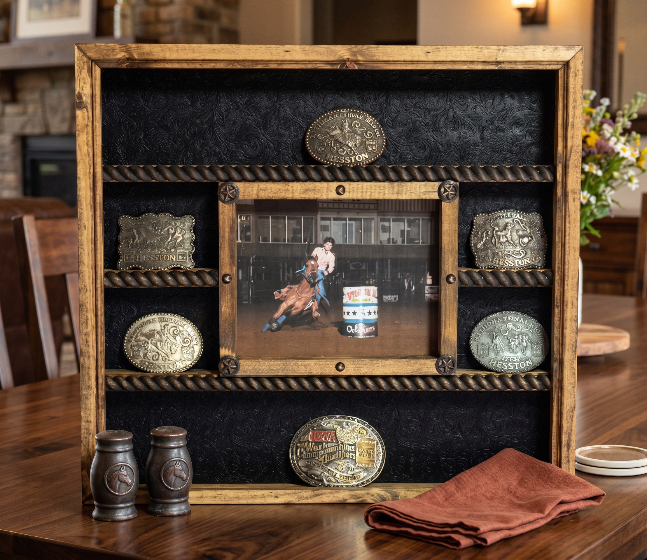14 Buckle Display with 8x10 Picture Frame - Black Faux Leather