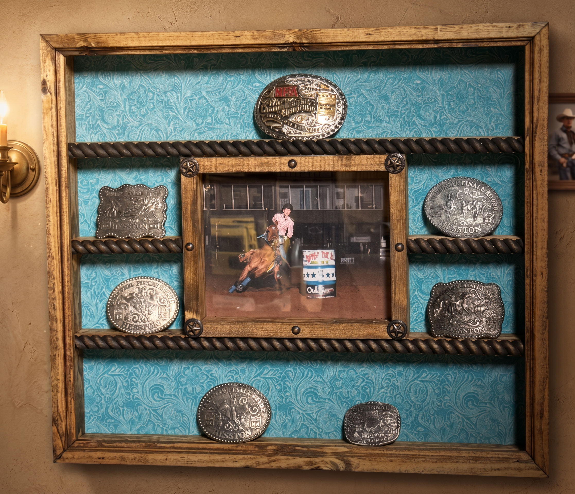 14 Buckle Display with 8x10 Picture Frame - Black Faux Leather