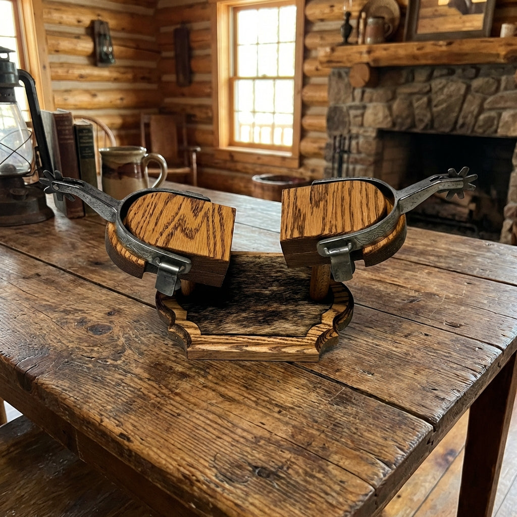 Trophy Spur Display - Solid Oak with Cowhide Accent