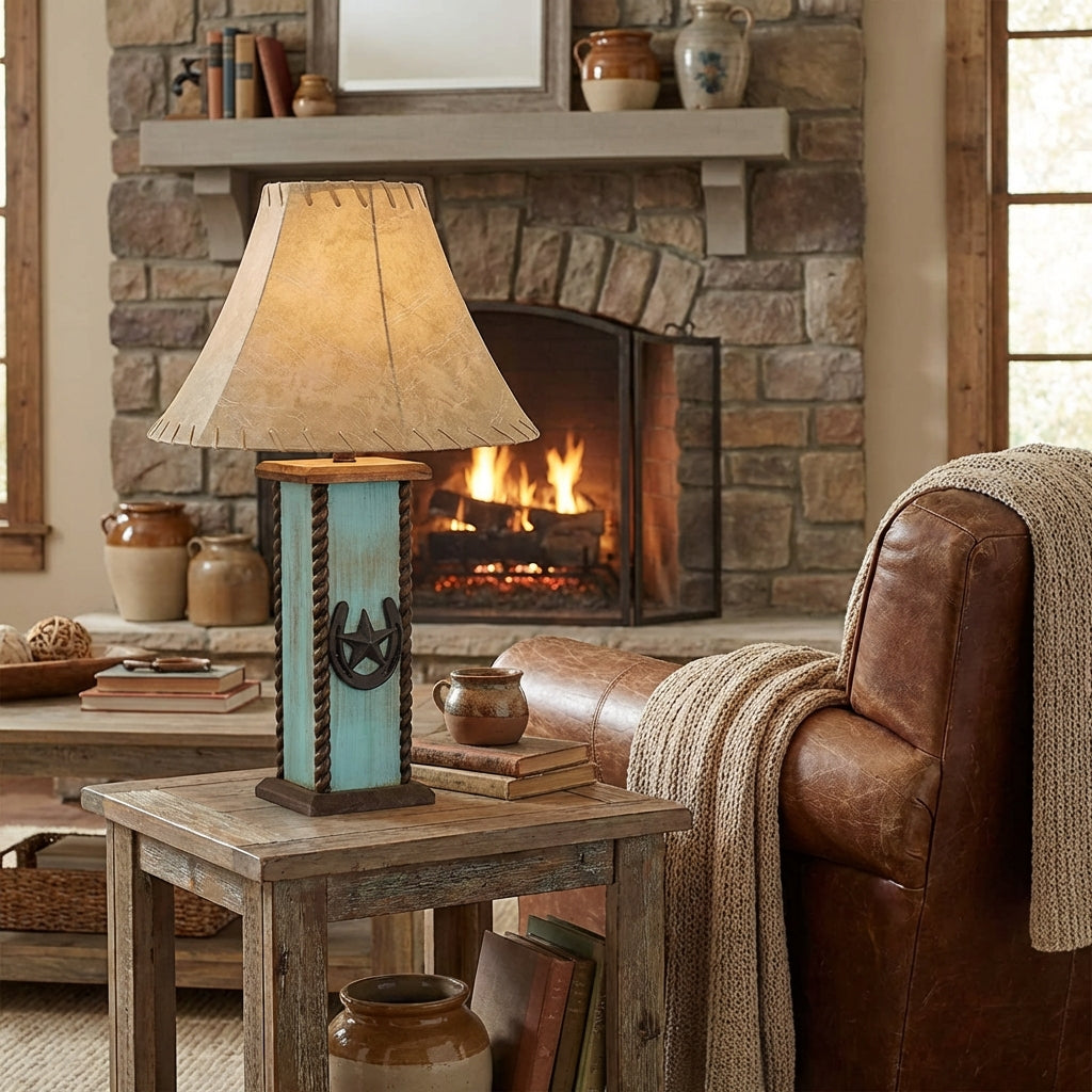 24" USB Rustic Lamps - Western Lamps - Western Horseshoe/Star Table Lamp with USB Power Center. Perfect for any western decor or the cabin