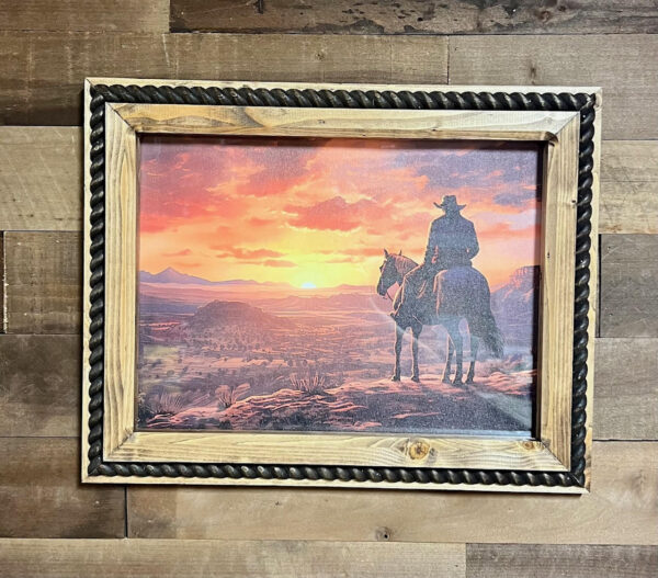 12" x 16" Cowboy Sunrise Canvas Print in Handcrafted Rustic Frame