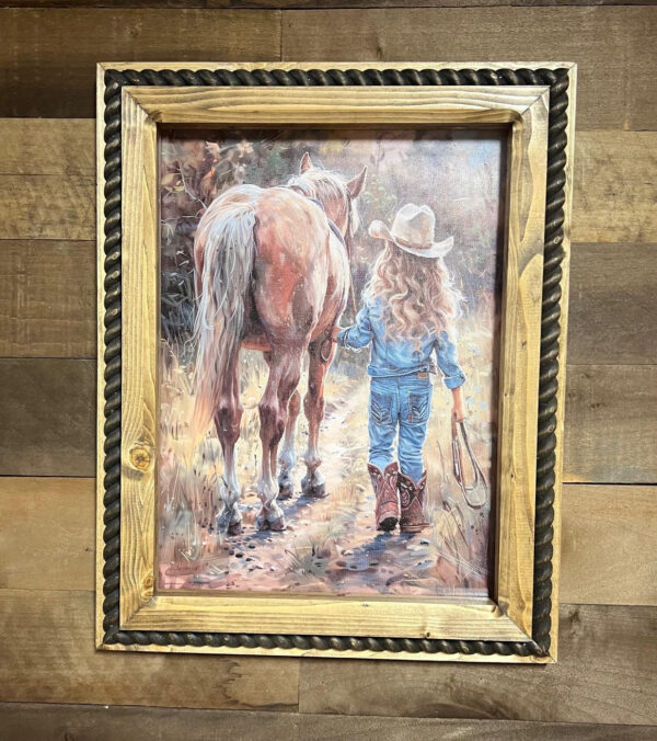 12" x 16" Little Girl in Jeans Canvas Print in Handcrafted Rustic Frame